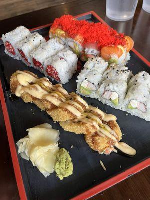 Mango roll, spicy crunchy crab, Philadelphia roll, Las Vegas roll