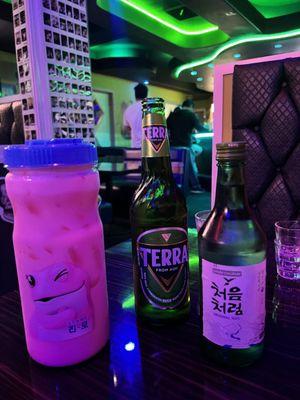 Strawberry melona soju, beer, and soju