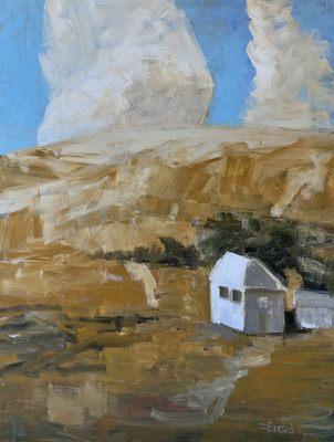 Billowing Clouds 48 x 36 Acrylic on Canvas - A small farm house placed in a beautiful setting with billowing clouds above.