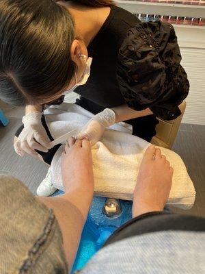 Expert pedicure- perfect temp water, smooth rolling massage chairs, hygienic, deft touch- great pressure foot/leg massage