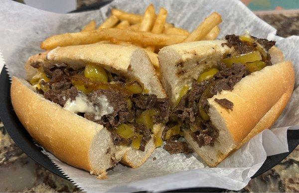 $7 Cheesesteak platter with hot peppers. Good deal