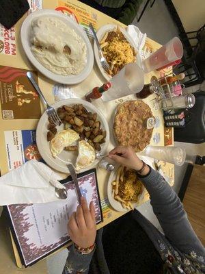 Biscuits and gravy! And eggs and potatoes!