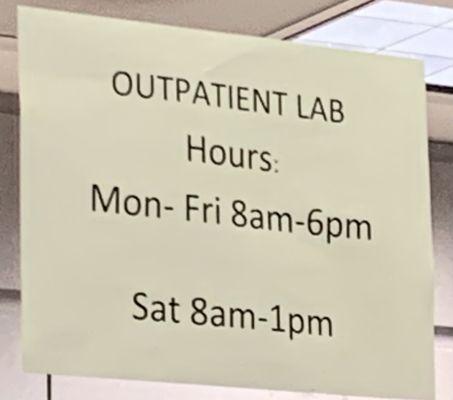 Lab hours Monday-Friday  8-am to 6-pm Saturday 8-am to 1-pm