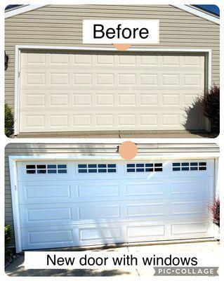 Fresh new garage door with windows. Give us a call to learn more