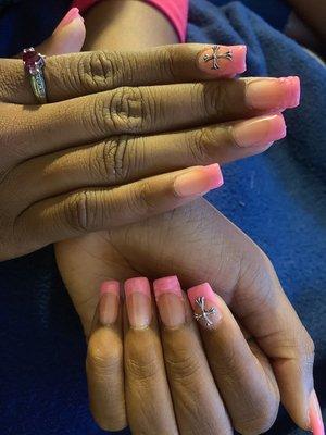 Manicure W/french pink instead of white for my daughter . Texture middle fingers and charms . 70$