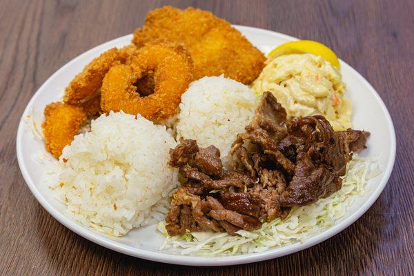 Half Seafood and Half BBQ Beef Plate