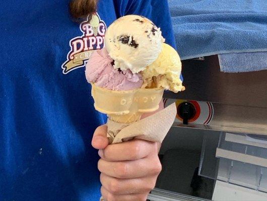 Triple Dipper Cone - Blackberry Lavender, Lemon Bar, and Beach Bum flavors