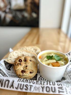 Homestyle Chicken Noodle Soup w/side of our Country White Sourdough French  Bread and a Sourdough Brown Butter Chocolate Chip Cookie.