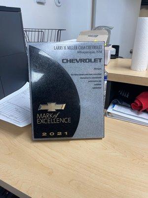 Trophy the dealership won for the Mark of Excellence