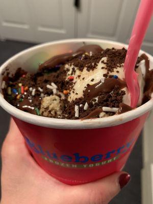 Frozen yogurt with hot fudge, crunchies, sprinkles, cookie dough, and Italian rainbow cookie.