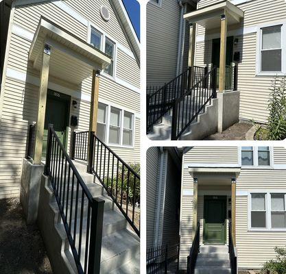 Removed existing front porch. Poured new concrete steps with new framed portico and finished with aluminum soffit/fascia/railings.