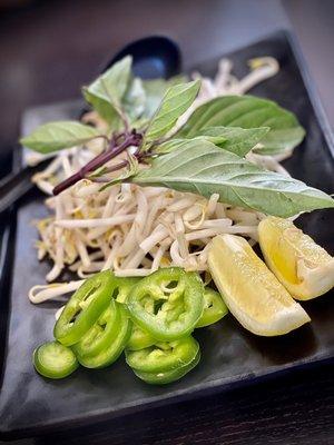 Pho side of bean sprouts, basil, jalapeño and lemon wedges