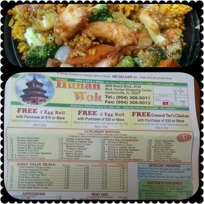 Order the lunch special shrimp, broccoli with pork fried rice & egg roll $5.75.  They deliver for $2.  It was good .