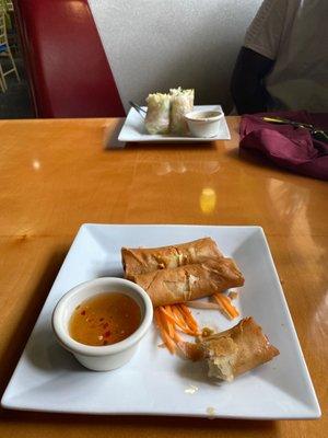 Shrimp spring rolls at top. And crispy spring rolls at bottom.