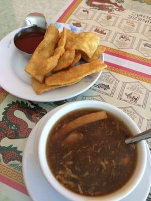 Complimentary: Hot and sour soup with fried wontons