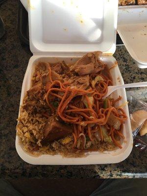 Curry Chicken with chow mein and fried rice.