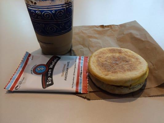 Breakfast Sandwich with Rip Van Wafels and a Large Iced Vanilla Latte