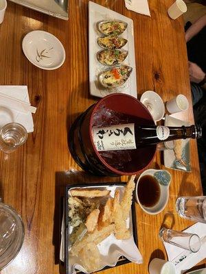 Sake, oysters, calamari