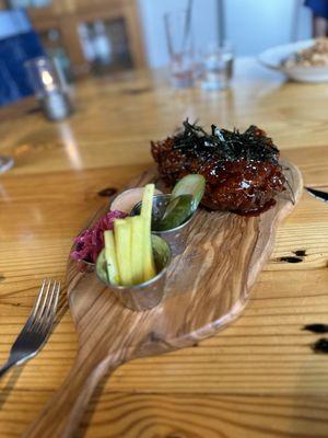 The saucy Khicken Korean fried chicken! The Gochuchang sauce accompanied with pickled veggies and YumYum sauce was EXTRAORDINARY!