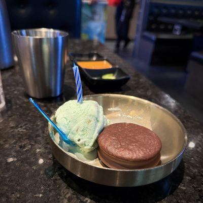 Pistachio ice cream and choco pie birthday treat!