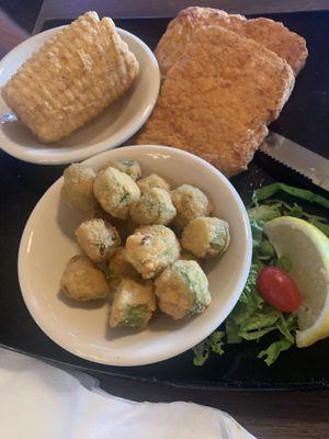 Fried pork chops with fried corn and fried okra.. pick 2 sides with this delicious lunch!!