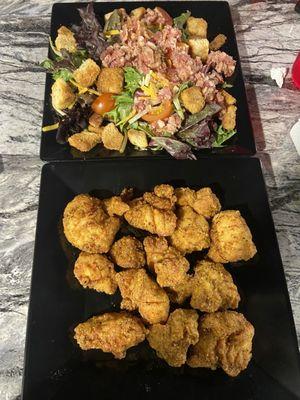 Boneless wings and a side salad