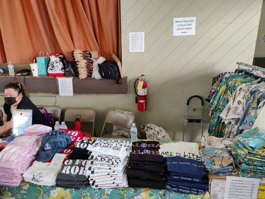 Go For Broke booth - Limited Edition Aloha Shirts, t-shirts, videos, paper fans, magnets, etc. for sale