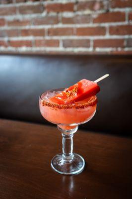 Watermelon paleta margarita with a chamoy and tajin rim!