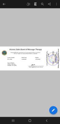 Massage Therapist License Verification good until 2022