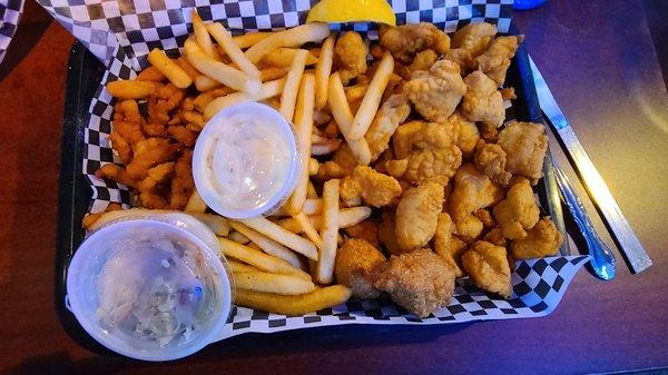 Thursday night special - catfish nuggies, clam strips with fries, slaw and sauce.