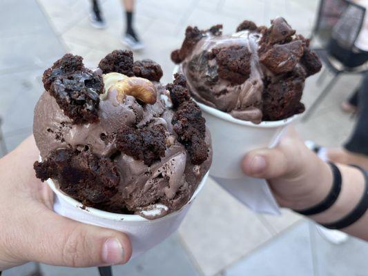 Rocky Road, chocolate, both topped with a little brownie