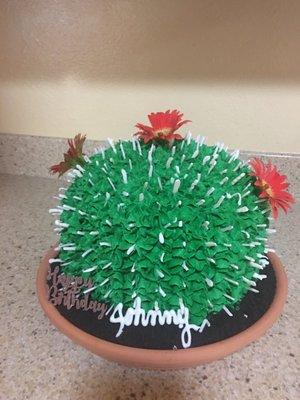 Cactus cake with Oreo dirt and white chocolate spikes.