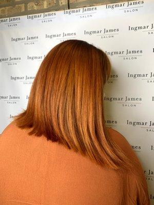 Copper melt with diffrent copper tones and the classic angled  Chin Long bob cut.