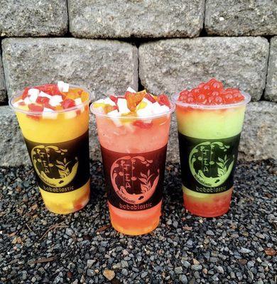 Left: Blended Mango w/ Rainbow Jelly Middle: Blended Strawberry w/ Rainbow Jelly         Right: Blended Honeydew w/ Popping Strawberry