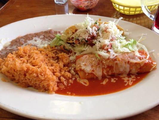 Crunchy taco and Enchilada plate, with rice and beans. Good amount of food for $6.50.