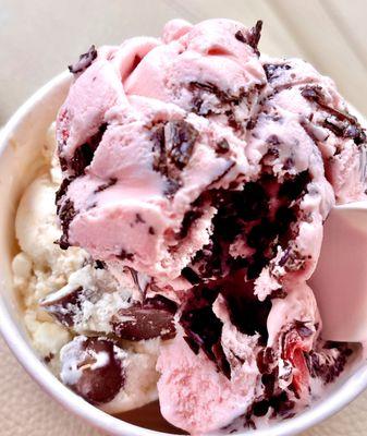 2 scoop dish of amaretto cherry (cherry choc chunk) & slam dunk, 5ish dollars -august 2021