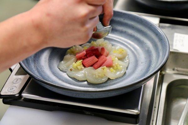 Scallop crudo with green tomato vinaigrette, local rhubarb.