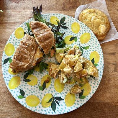 Eggplant & Chickpea Burger, Potato Salad, and Lemon Cookie.