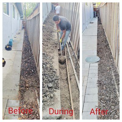 This is a project of a french drain, sumpump, and a conecction of a downstop.