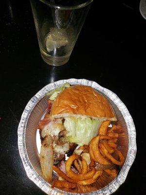 Beed burger w/provolone cheese and curly fries..