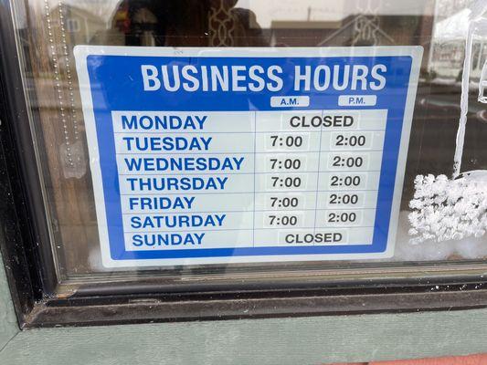 Business hours as of 12/23/23 for Pepper Tree Sausage House.