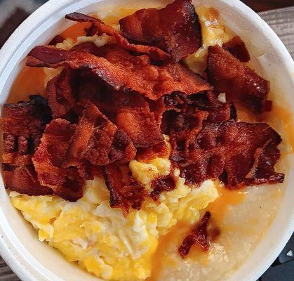 Egg, cheese, grits with bacon bowl. From the Express location on Waters.  Generous portion. Tasty!