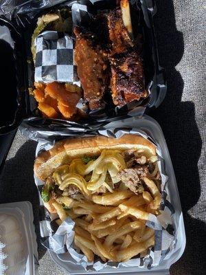 Steak and cheese and Pecan Wood Smoked Rib Dinner