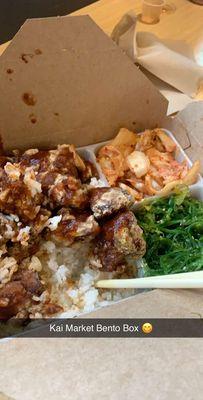 Chicken karaage, kimchi, seaweed salad