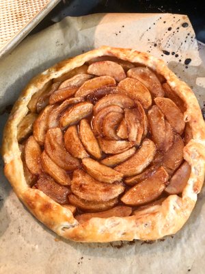 Sweet flaky French pastry dough filled with organic apples, brown sugar, cinnamon, nutmeg, and cardamom