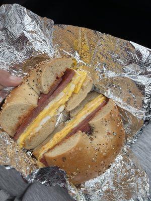 Taylor ham, egg and cheese, on an everything bagel