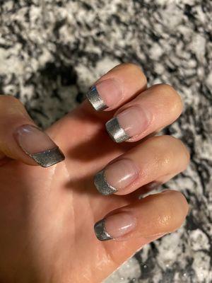 Acrylic nails w short tips and silver French tip