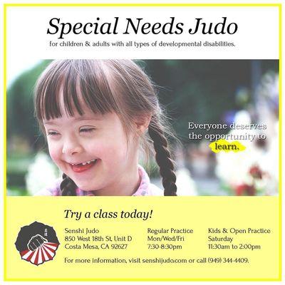 Children and adults with developmental disabilities, physical and mental limitations are ALWAYS WELCOME and highly encouraged to train judo!