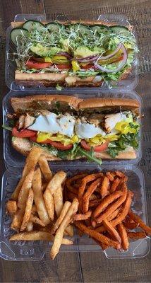 Medium veggie sandwich, medium hot chicken pesto, full order of sweet potato fries and full order of beer battered fries. $27