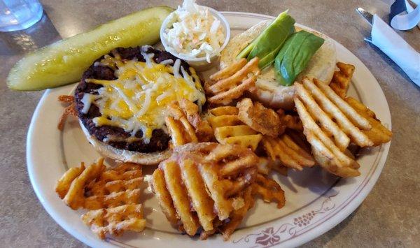 Veggie (bean) burger with a side of waffle fries